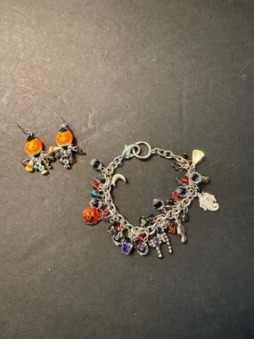 Halloween Charm Bracelet and Earrings Set - Orange Multi